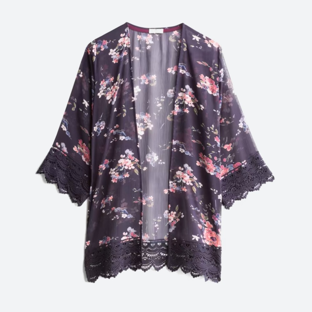 Laria Crochet Trim Open Front Woven Kimono